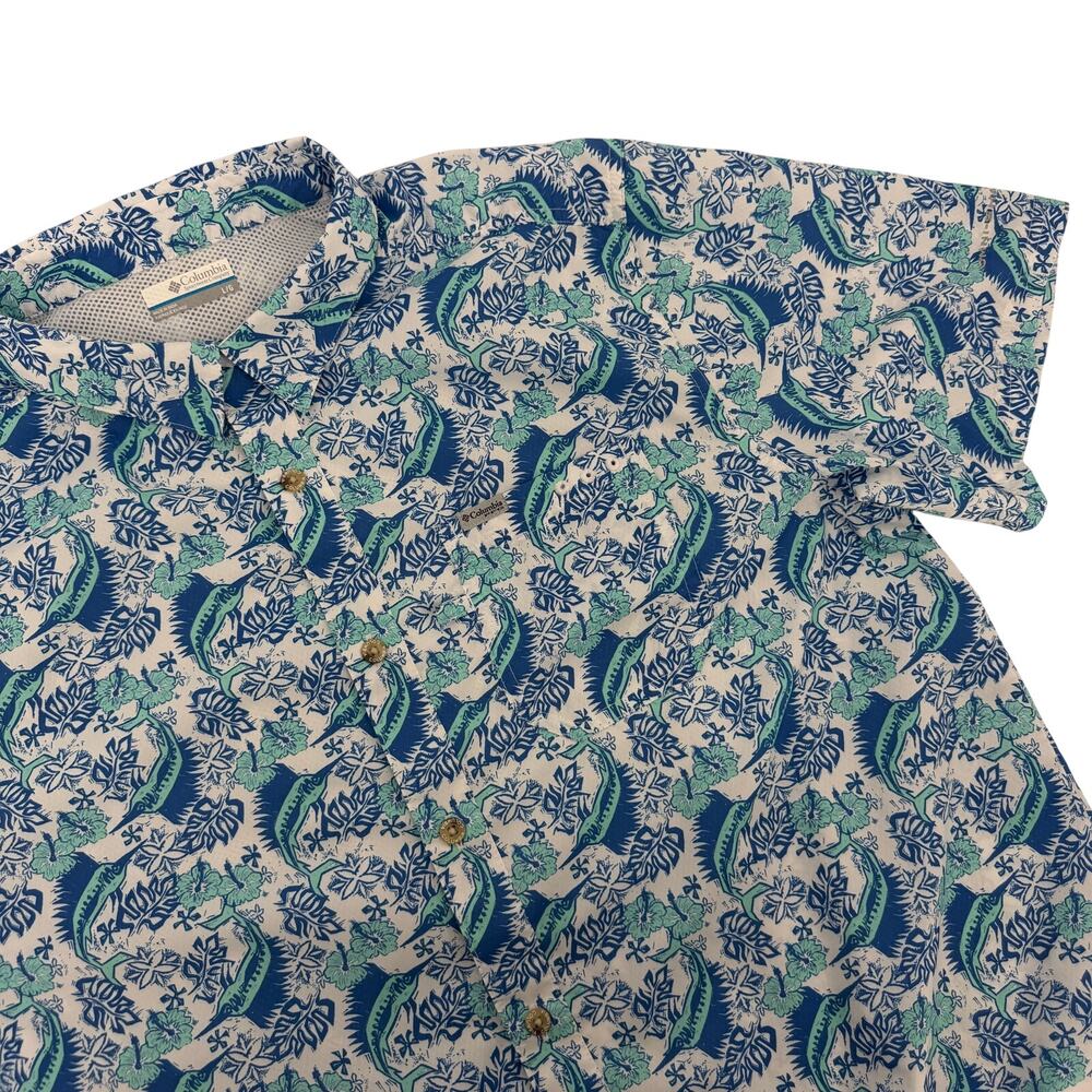 Columbia Blue Fish Print Button-up Shirt Men's Size Large